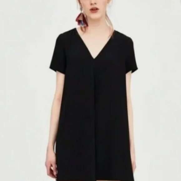 Zara trf Collection Black V-Neck A-Line Mini Dress Size XS #2030 - Picture 1 of 8